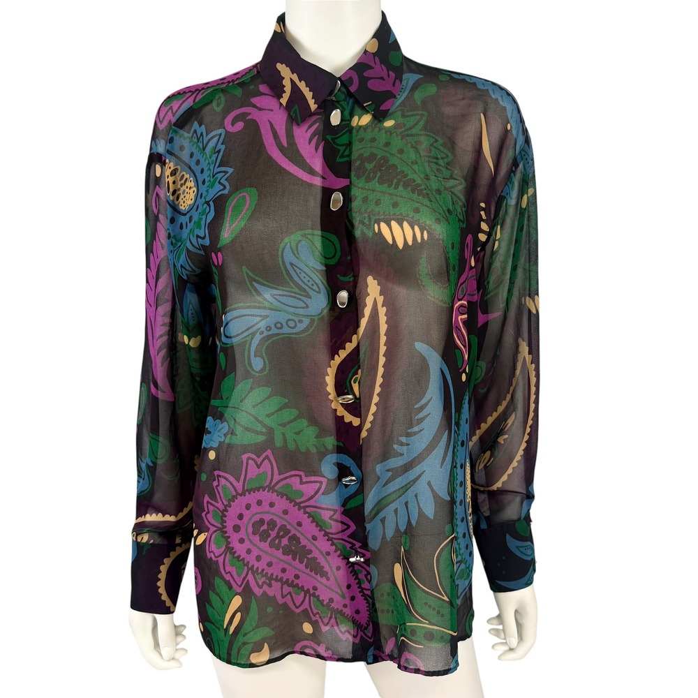 Zara Paisley Sheer Button Up Blouse Purple Boho Oversized Resor Statement Top S